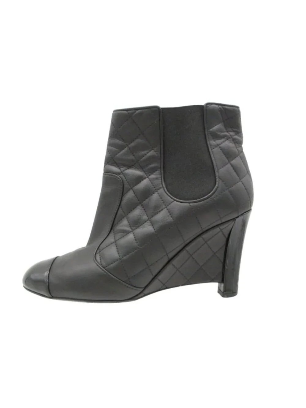 Chanel Boots Booties Short Wedge Sole Quilted Cap Toe Side Gore Leather Shoes